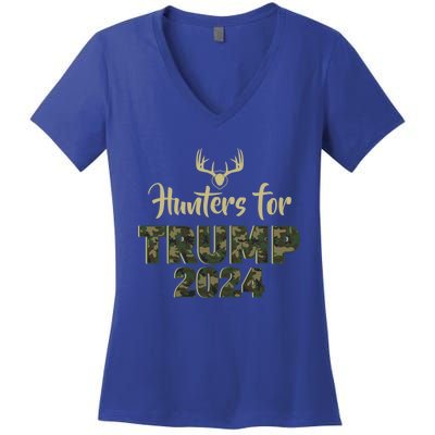 Hunters For Trump 2024 President Camouflage Deer Elk Antlers Gift Women's V-Neck T-Shirt