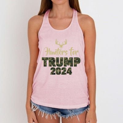 Hunters For Trump 2024 President Camouflage Deer Elk Antlers Gift Women's Knotted Racerback Tank