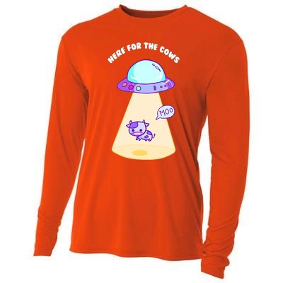 Here For The Cows Moo Alien Space Ship Stars Galaxy Funny Funny Gift Cooling Performance Long Sleeve Crew