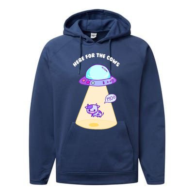 Here For The Cows Moo Alien Space Ship Stars Galaxy Funny Funny Gift Performance Fleece Hoodie