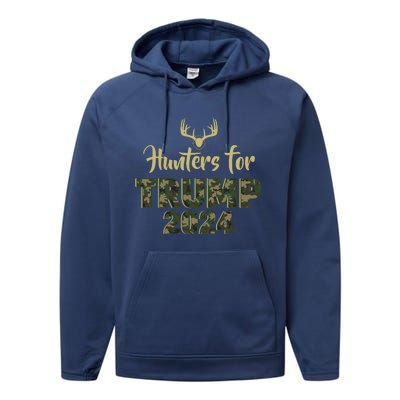 Hunters For Trump 2024 President Camouflage Deer Elk Antlers Performance Fleece Hoodie