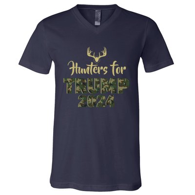 Hunters For Trump 2024 President Camouflage Deer Elk Antlers V-Neck T-Shirt