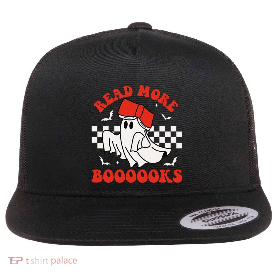 Halloween Funny Teacher Cute Booooks Ghost Read More Books Flat Bill Trucker Hat