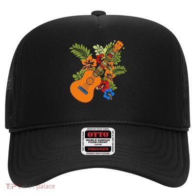 Hawaii Floral Uke Ukulele Flower Aloha Ukulele High Crown Mesh Back Trucker Hat