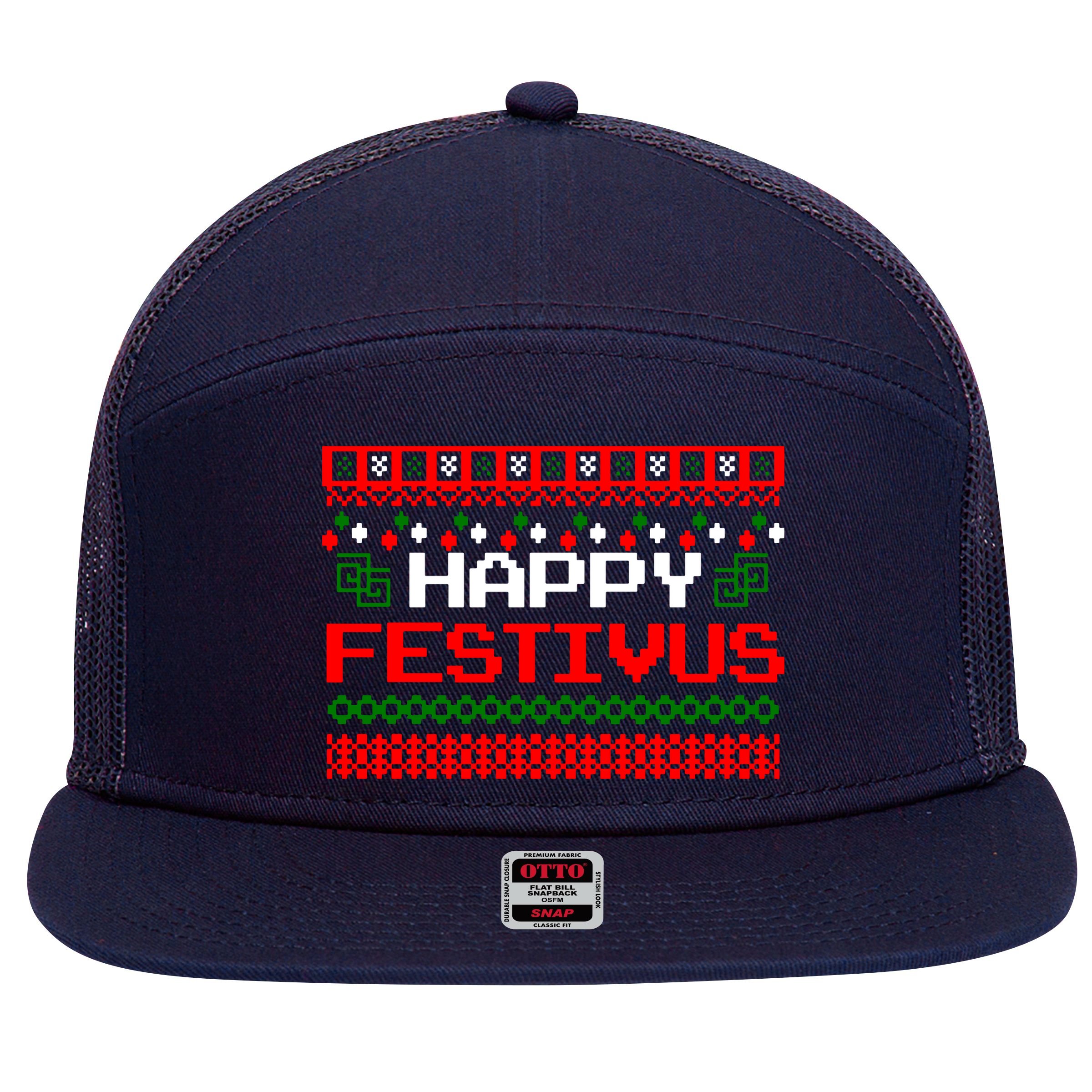 Happy Festivus Ugly Christmas 7 Panel Mesh Trucker Snapback Hat