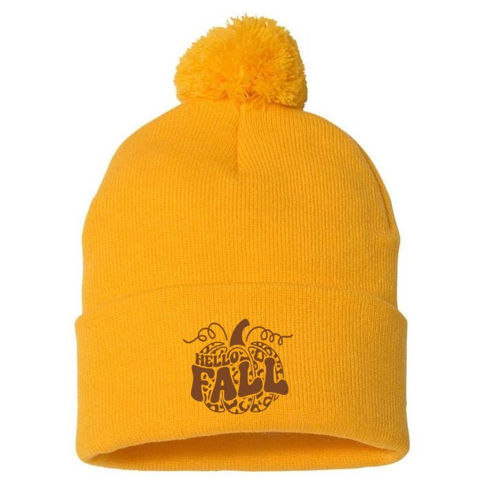 Hello Fall Vibes Leopard Pumpkin Pom Pom 12in Knit Beanie