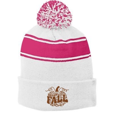 Hello Fall Vibes Leopard Pumpkin Stripe Pom Pom Beanie