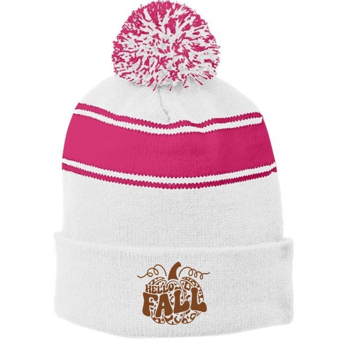 Hello Fall Vibes Leopard Pumpkin Stripe Pom Pom Beanie