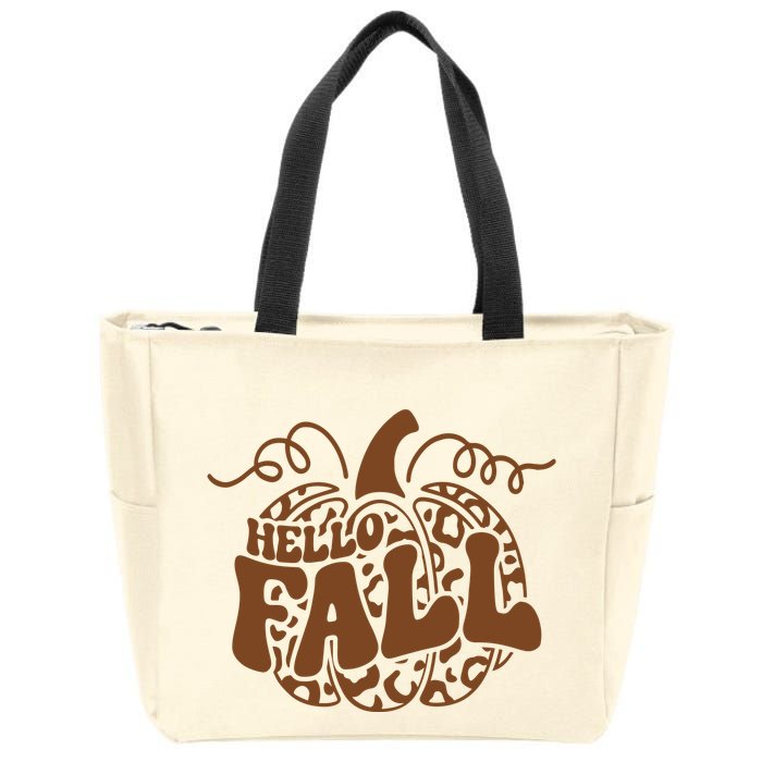 Hello Fall Vibes Leopard Pumpkin Zip Tote Bag