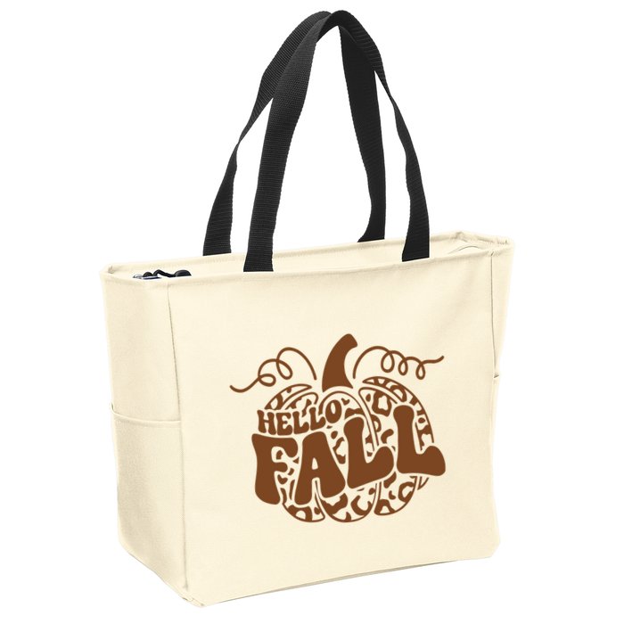 Hello Fall Vibes Leopard Pumpkin Zip Tote Bag