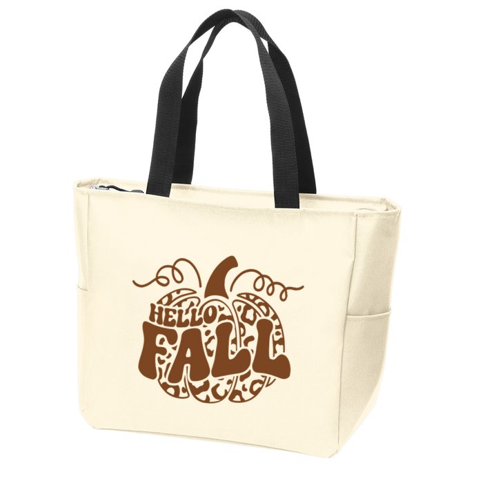Hello Fall Vibes Leopard Pumpkin Zip Tote Bag