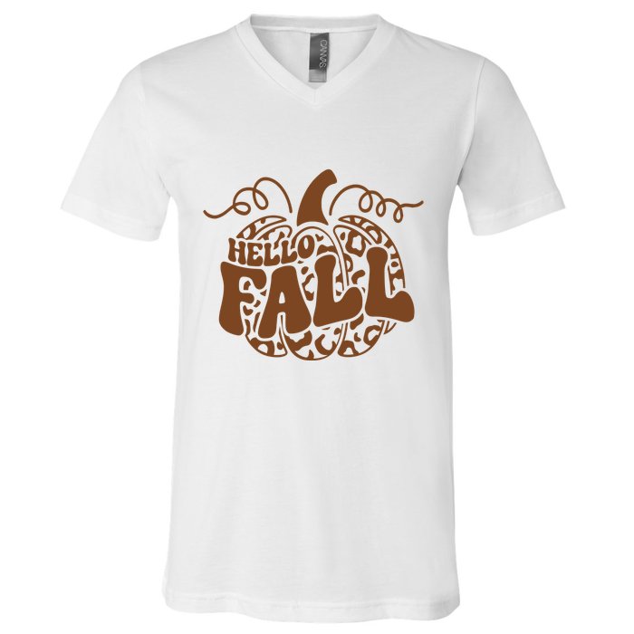 Hello Fall Vibes Leopard Pumpkin V-Neck T-Shirt