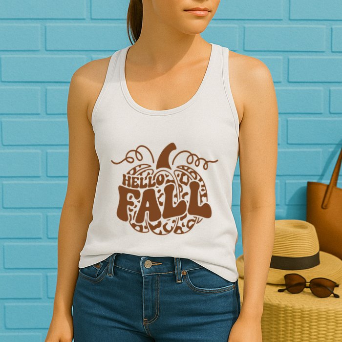 Hello Fall Vibes Leopard Pumpkin Womens Tank Top