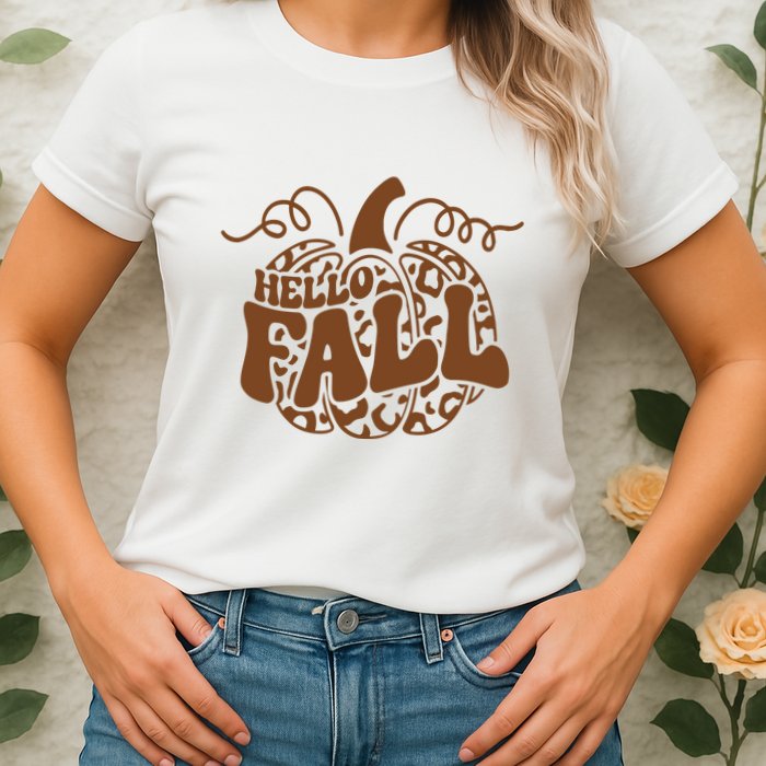 Hello Fall Vibes Leopard Pumpkin Womens T-Shirt