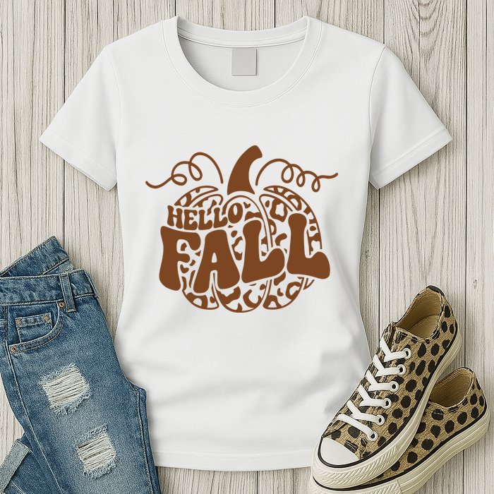 Hello Fall Vibes Leopard Pumpkin Womens T-Shirt