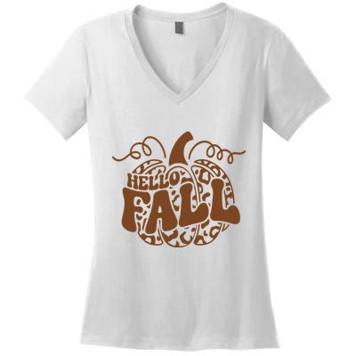 Hello Fall Vibes Leopard Pumpkin Women's V-Neck T-Shirt
