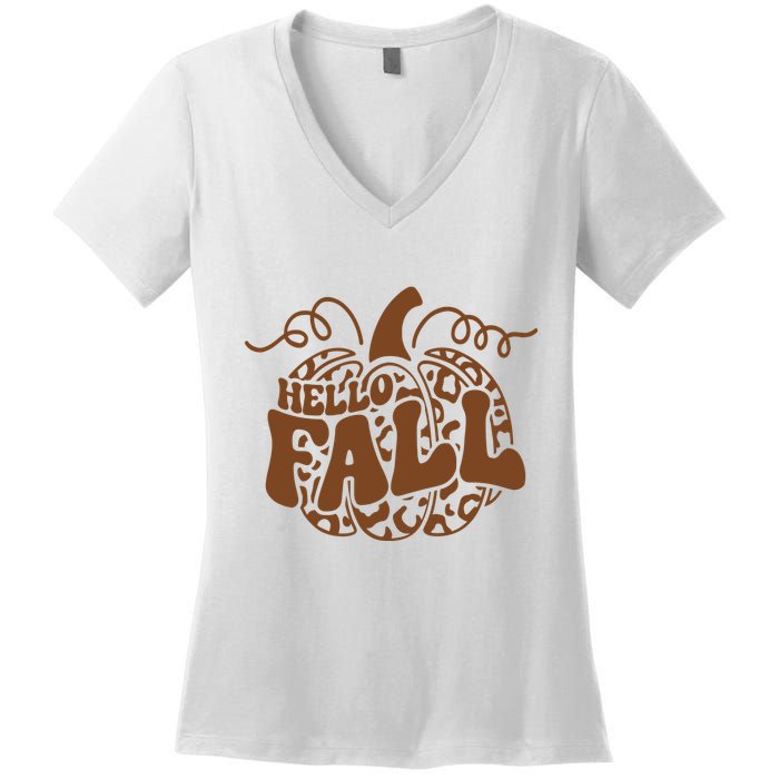 Hello Fall Vibes Leopard Pumpkin Women's V-Neck T-Shirt