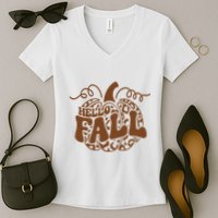 Hello Fall Vibes Leopard Pumpkin Women's V-Neck T-Shirt
