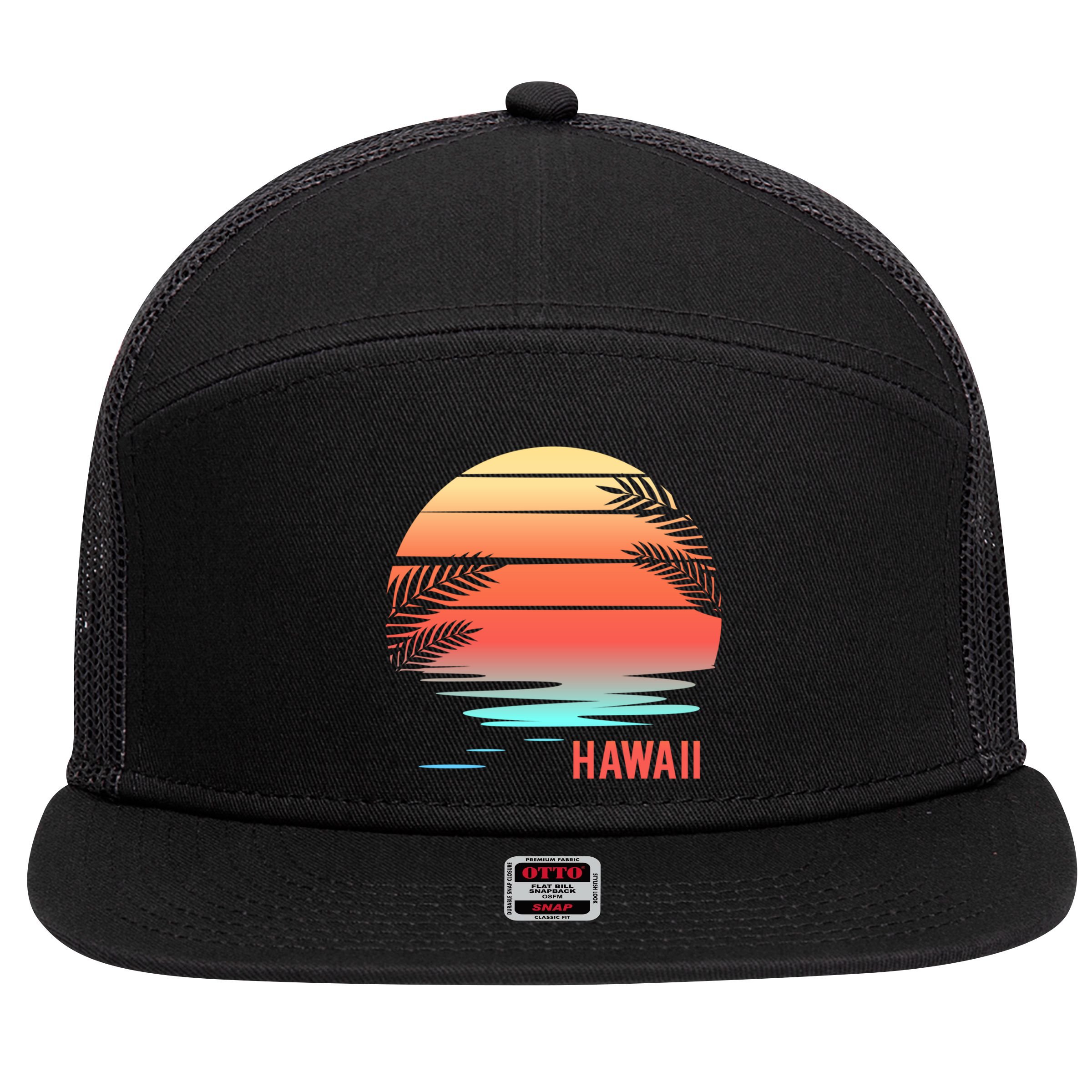 Hawaii Family Vacation Sunset Illustration Gift 7 Panel Mesh Trucker Snapback Hat