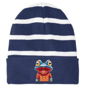 Happy Frog With Big Eyes Striped Beanie with Solid Band