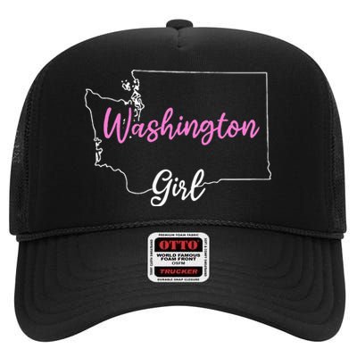 Home Funny W.A.S.H.I.N.G.T.O.N S.T.A.T.E Girl High Crown Mesh Back Trucker Hat