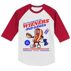 Here For Wieners 4th Of July Hotdog Design Kids Colorblock Raglan Jersey