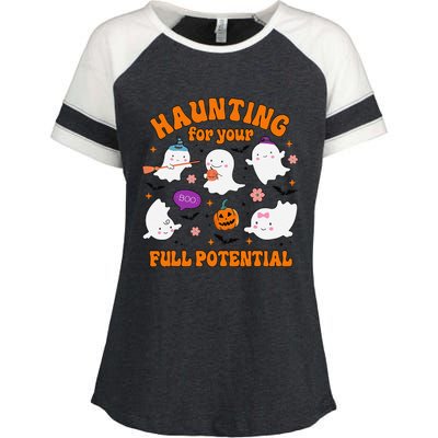 Haunting For Your Full Potential Cute Halloween Ghost Enza Ladies Jersey Colorblock Tee