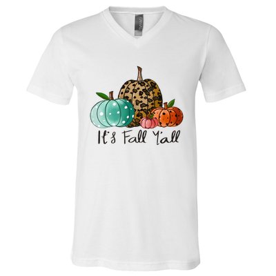 Happy Fall Y’all Pumpkin Leopard Its Fall Yall Thanksgiving V-Neck T-Shirt