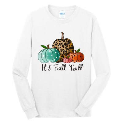 Happy Fall Y’all Pumpkin Leopard Its Fall Yall Thanksgiving Tall Long Sleeve T-Shirt