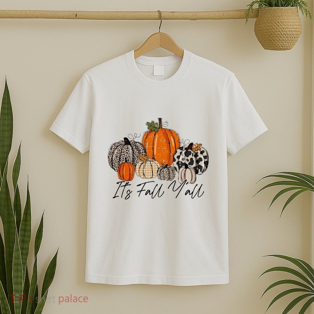 Happy Fall Y’all Pumpkin Leopard Its Fall Yall Thanksgiving T-Shirt