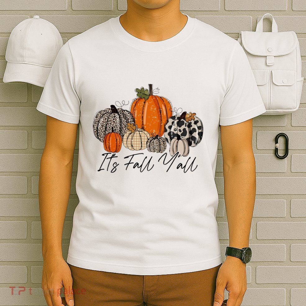 Happy Fall Y’all Pumpkin Leopard Its Fall Yall Thanksgiving T-Shirt