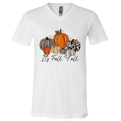 Happy Fall Y’all Pumpkin Leopard Its Fall Yall Thanksgiving V-Neck T-Shirt