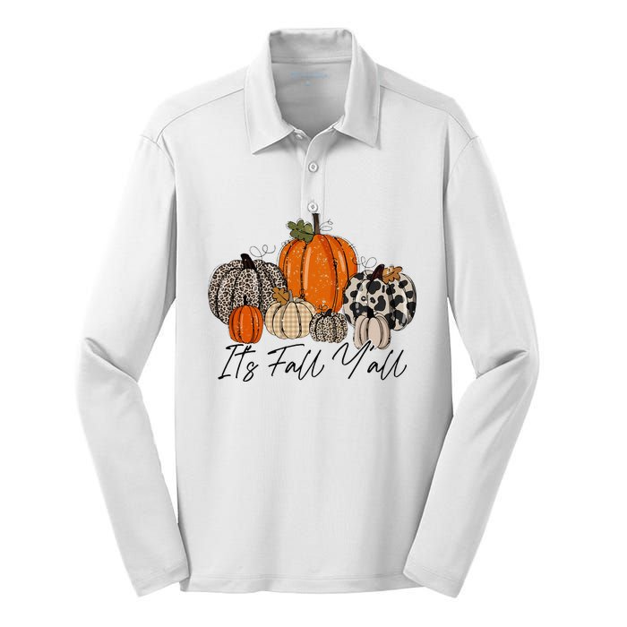 Happy Fall Y’all Pumpkin Leopard Its Fall Yall Thanksgiving Silk Touch Performance Long Sleeve Polo