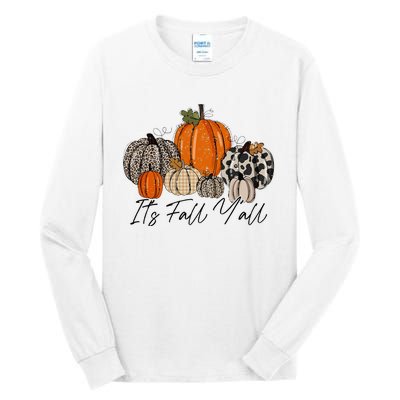 Happy Fall Y’all Pumpkin Leopard Its Fall Yall Thanksgiving Tall Long Sleeve T-Shirt