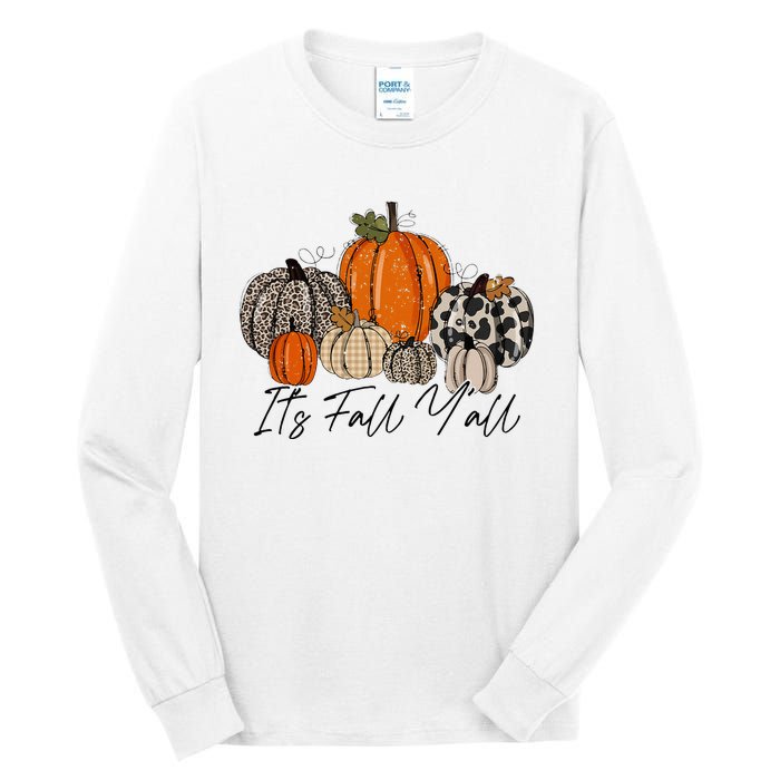 Happy Fall Y’all Pumpkin Leopard Its Fall Yall Thanksgiving Tall Long Sleeve T-Shirt