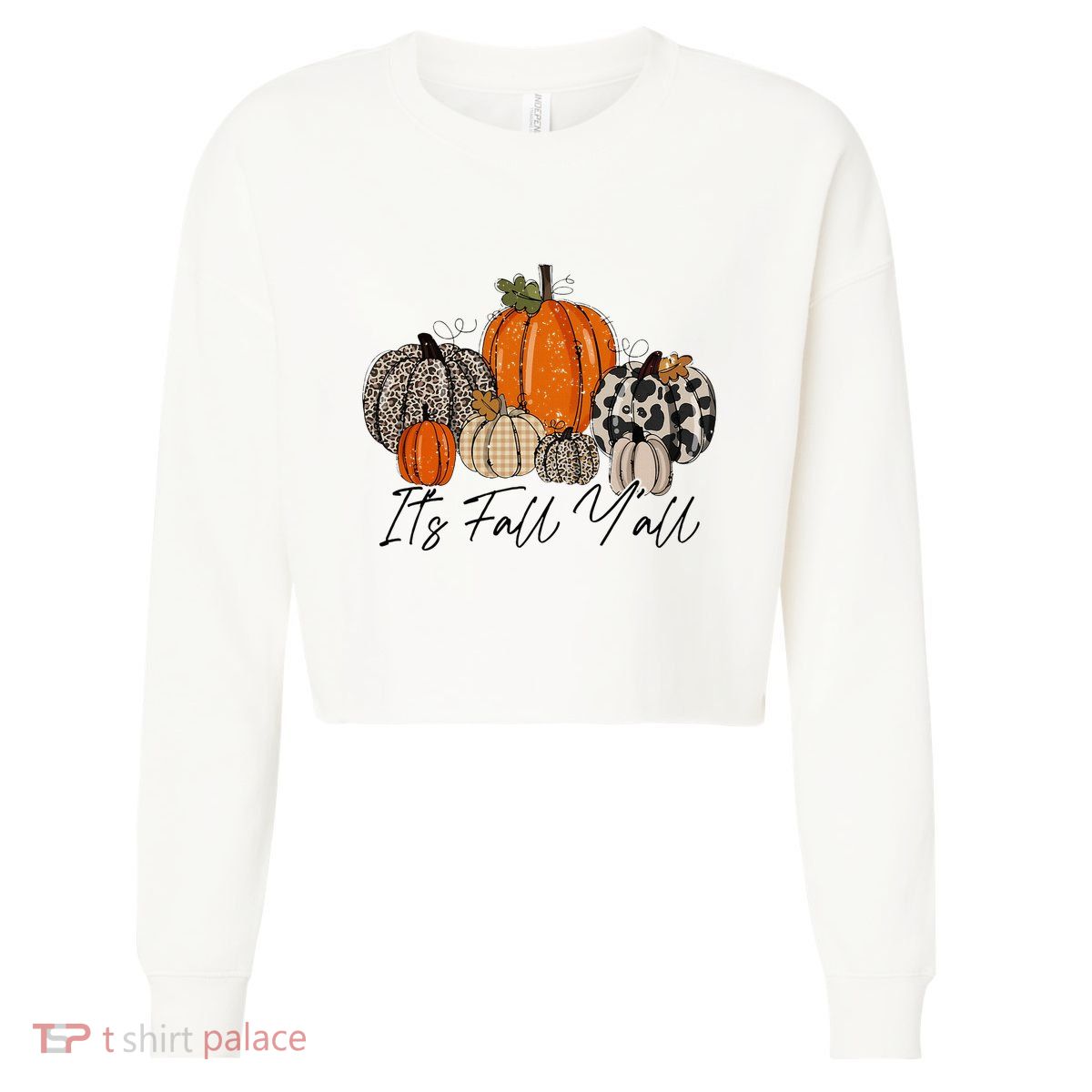 Happy Fall Y’all Pumpkin Leopard Its Fall Yall Thanksgiving Cropped Pullover Crew