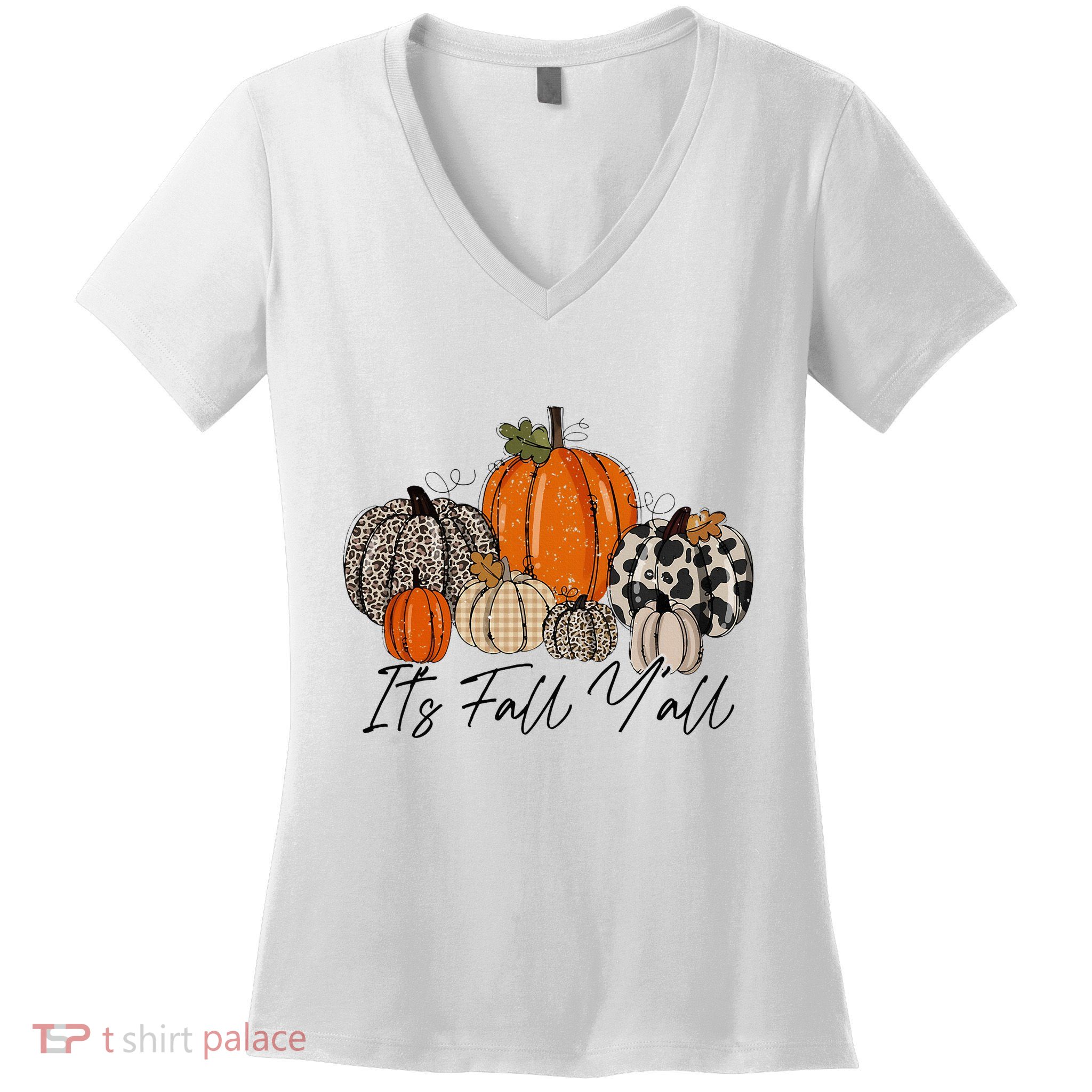 Happy Fall Y’all Pumpkin Leopard Its Fall Yall Thanksgiving Women's V-Neck T-Shirt