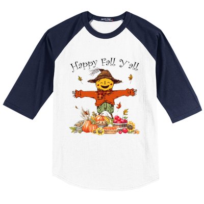 Happy Fall Yall Scarecrow Pumpkin Thanksgiving Halloween Baseball Sleeve Shirt