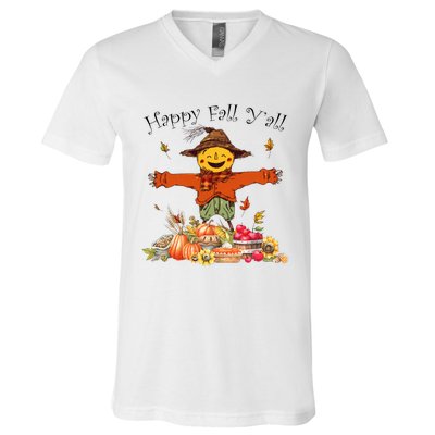 Happy Fall Yall Scarecrow Pumpkin Thanksgiving Halloween V-Neck T-Shirt