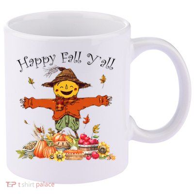 Happy Fall Yall Scarecrow Pumpkin Thanksgiving Halloween 11oz C Handle Ceramic Mug
