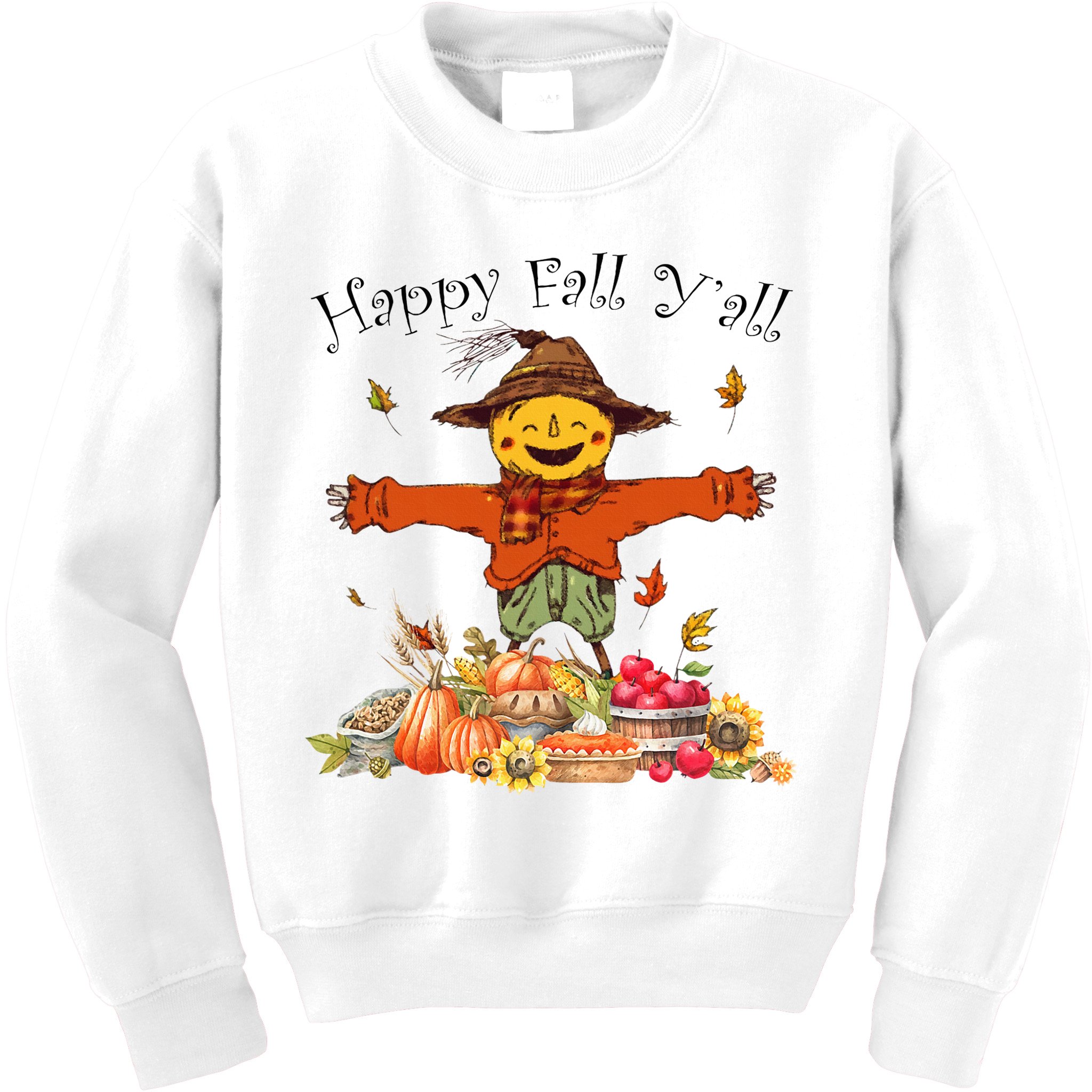 Happy Fall Yall Scarecrow Pumpkin Thanksgiving Halloween Kids Sweatshirt