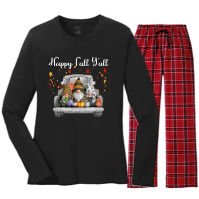 Happy Fall YAll Gnomes Pumpkin Truck Autumn Funny Holiday Women's Long Sleeve Flannel Pajama Set 