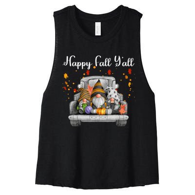 Happy Fall YAll Gnomes Pumpkin Truck Autumn Funny Holiday Women's Racerback Cropped Tank