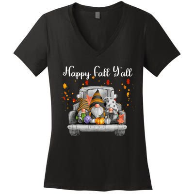 Happy Fall YAll Gnomes Pumpkin Truck Autumn Funny Holiday Women's V-Neck T-Shirt