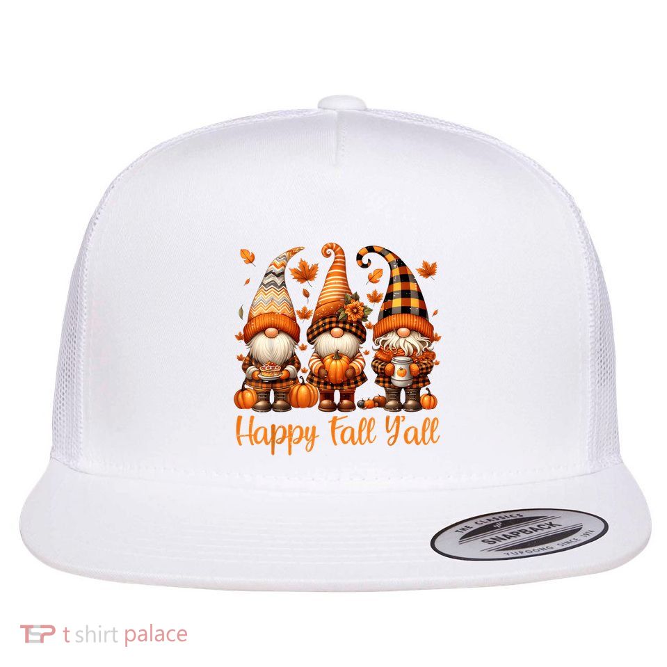 Happy Fall YAll Gnome Pumpkin Autumn Thanksgiving Flat Bill Trucker Hat