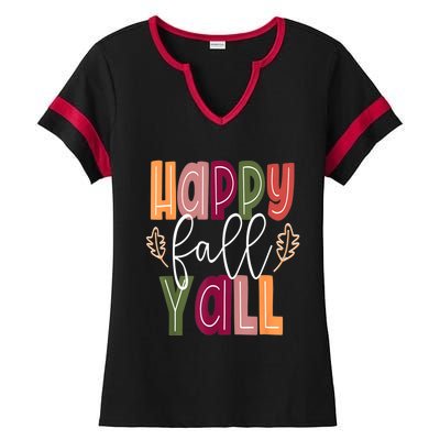 Happy Fall Yall Pumpkin Thanksgiving Halloween Cute Women Ladies Halftime Notch Neck Tee