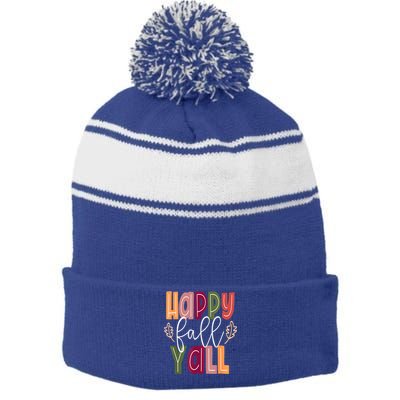 Happy Fall Yall Pumpkin Thanksgiving Halloween Cute Women Stripe Pom Pom Beanie