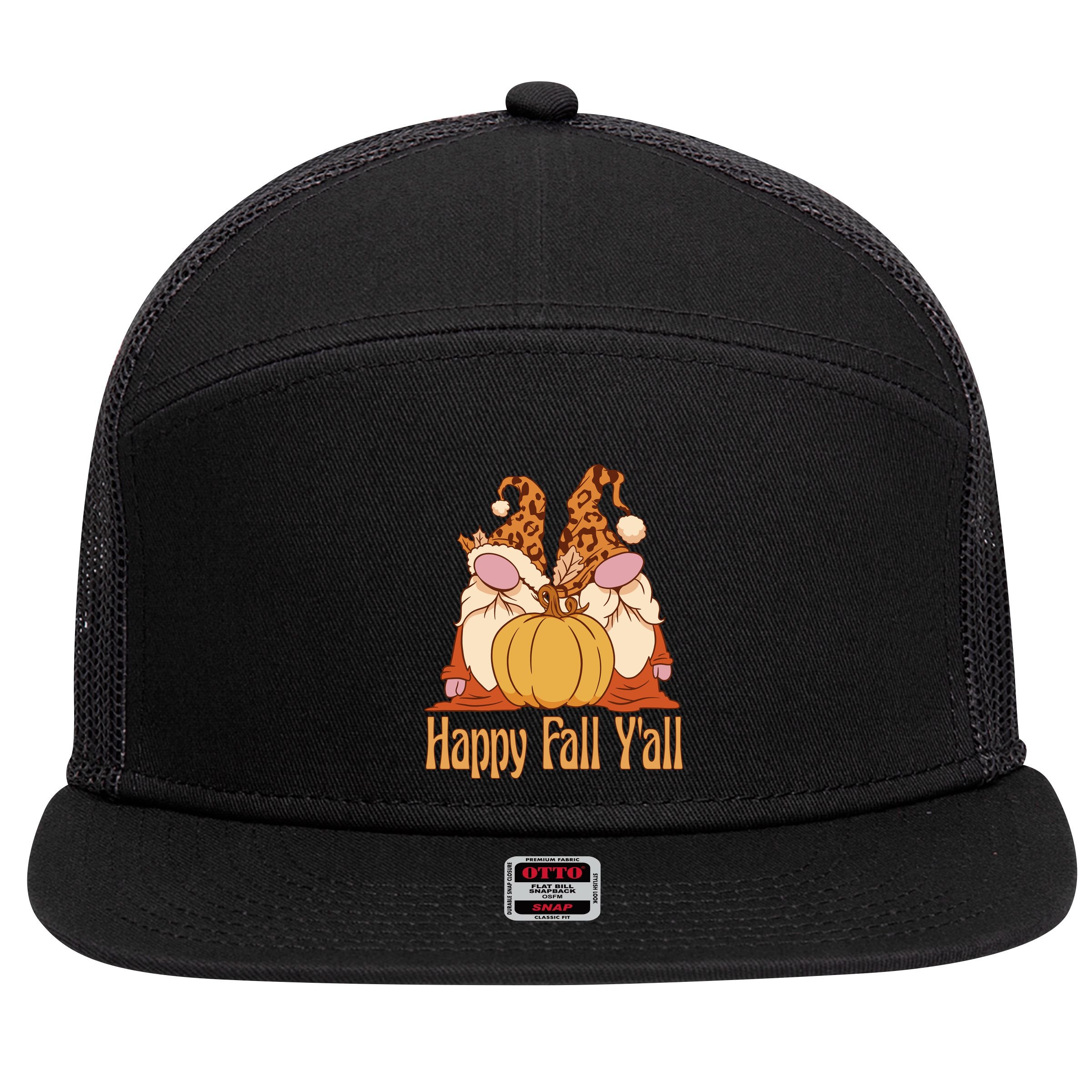 Happy Fall Y'all Gnome Cute Pumpkin 7 Panel Mesh Trucker Snapback Hat