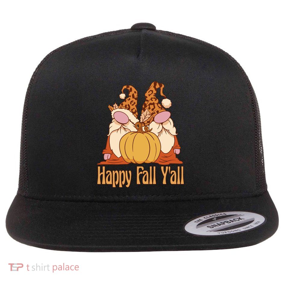 Happy Fall Y'all Gnome Cute Pumpkin Flat Bill Trucker Hat
