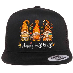 Happy Fall Yall Gnome Pumpkin Truck Autumn Thanksgiving Flat Bill Trucker Hat